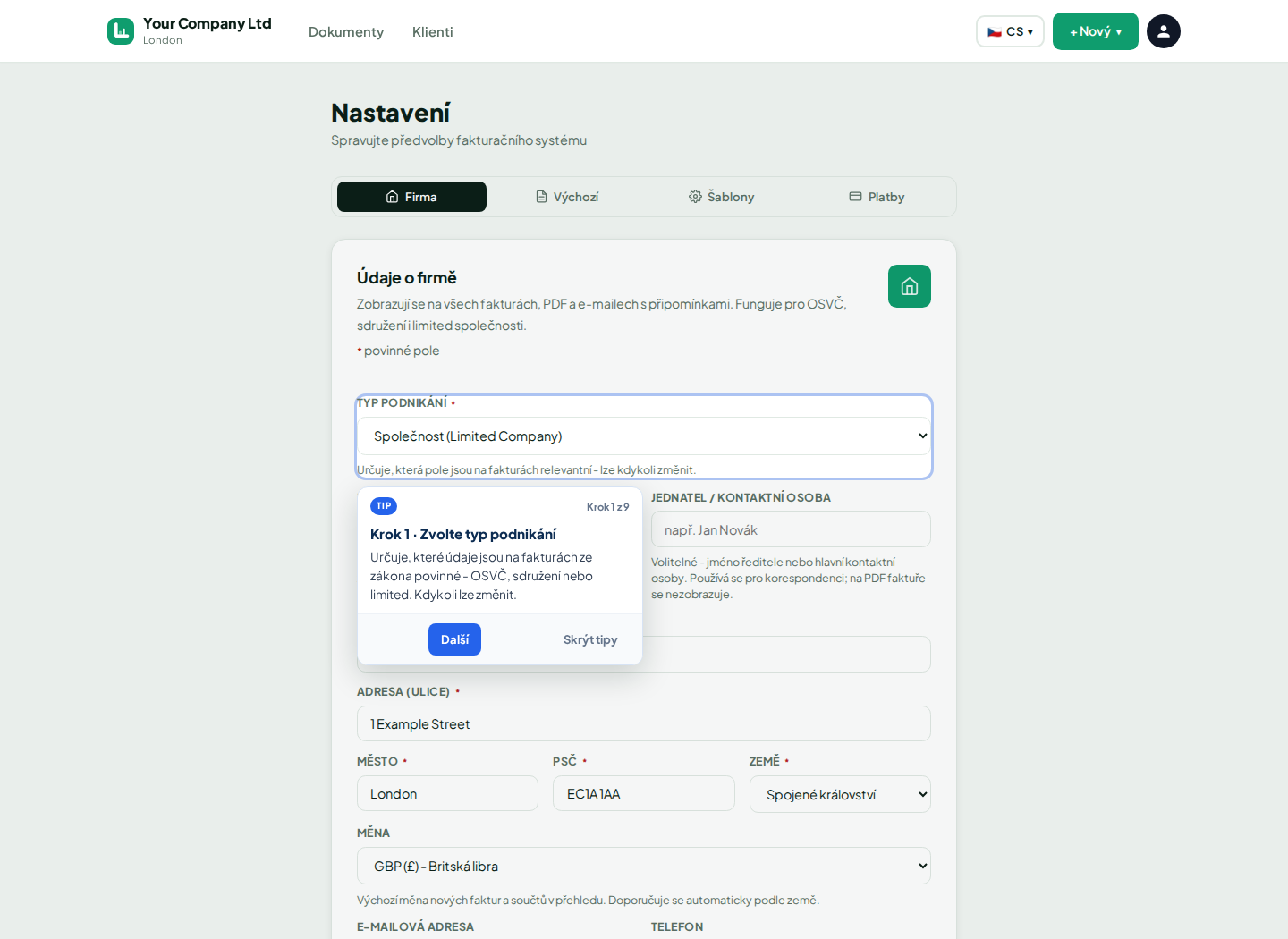Nastavení faktury LingvaBill pro Your Company Ltd