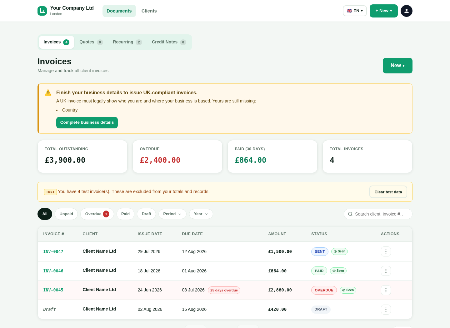 LingvaBill invoice dashboard with Client Name Ltd records