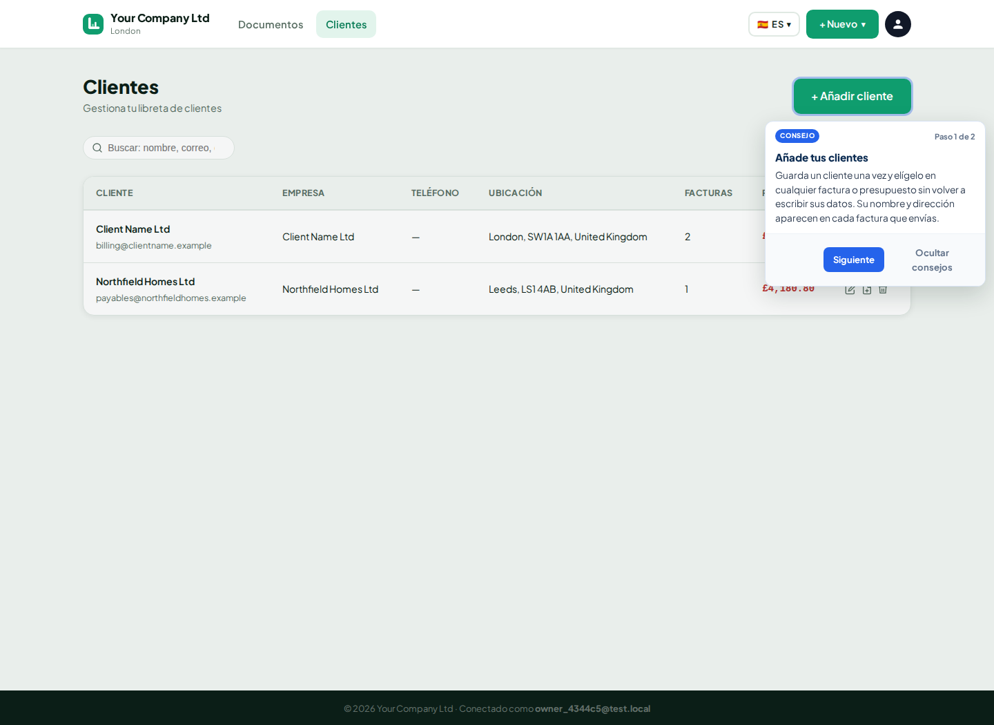 Lista de clientes de LingvaBill con Client Name Ltd