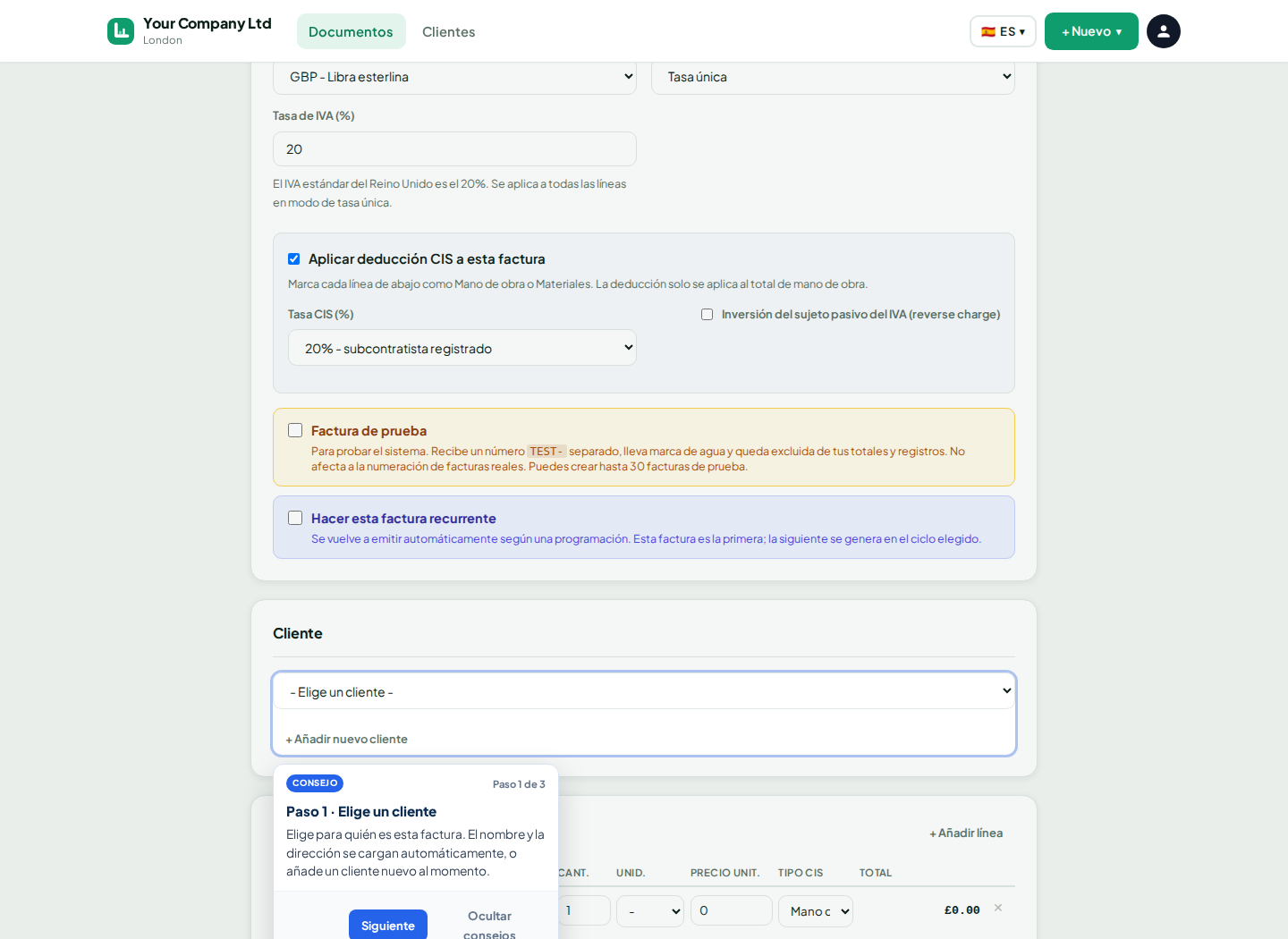 Formulario de nueva factura de LingvaBill