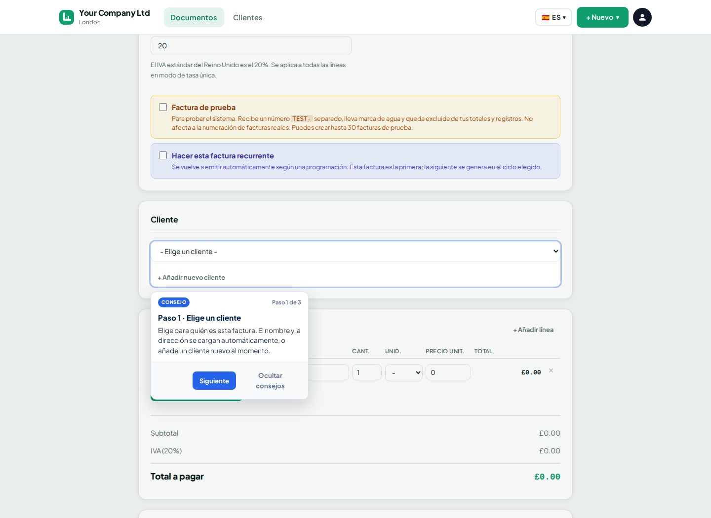 Formulario de nueva factura de LingvaBill