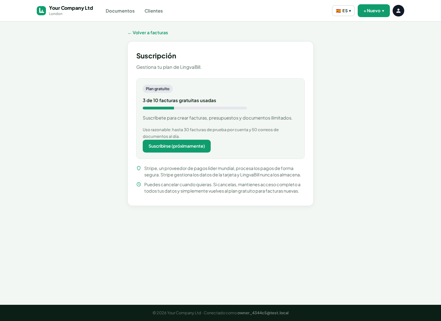 Página de suscripción de LingvaBill