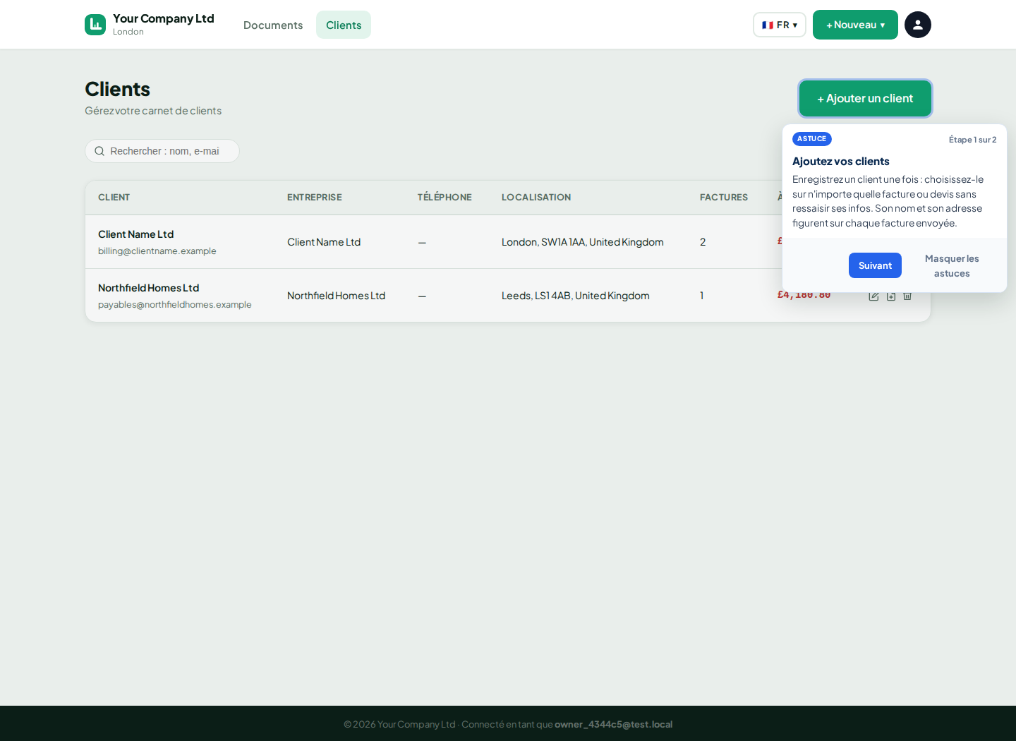 Liste des clients LingvaBill avec Client Name Ltd