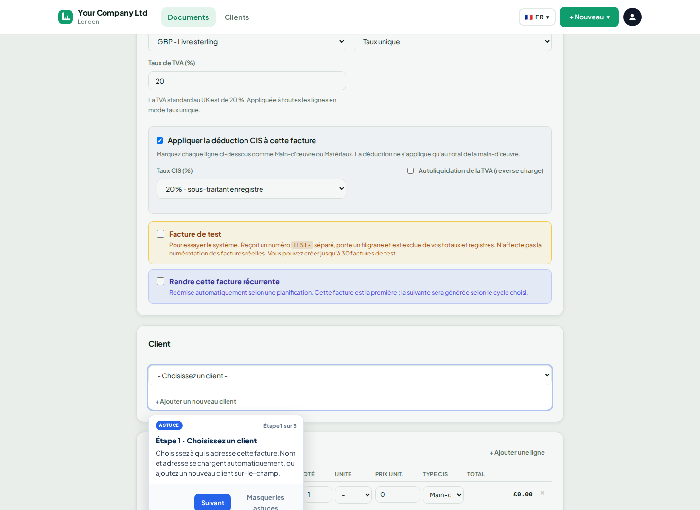 Formulaire de nouvelle facture LingvaBill