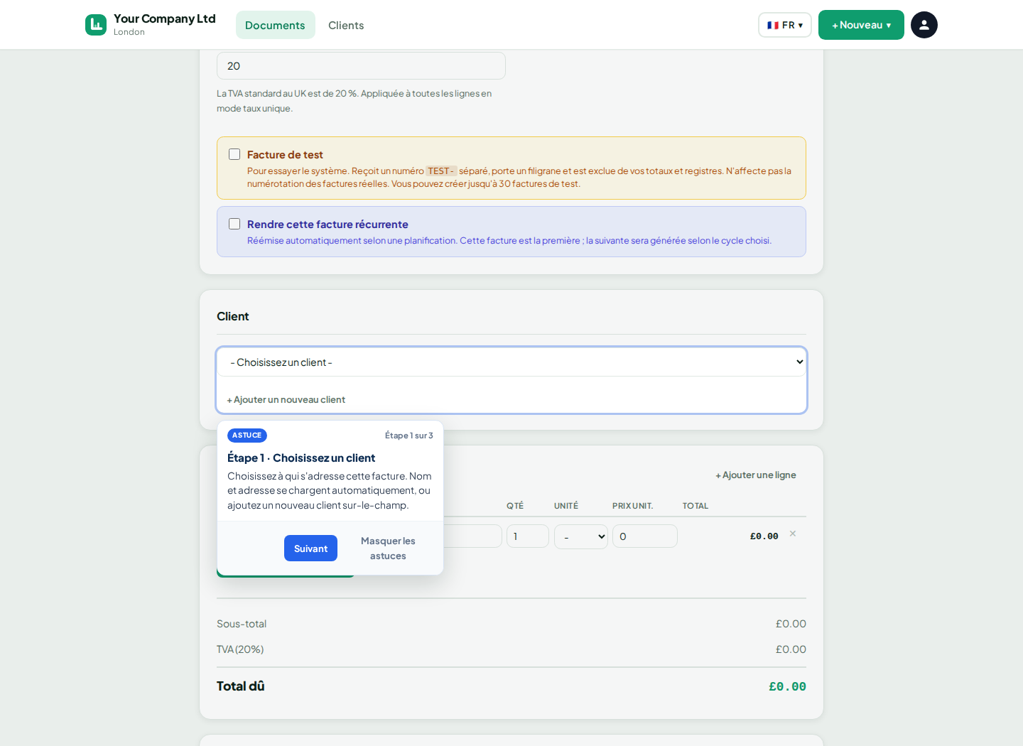 Formulaire de nouvelle facture LingvaBill