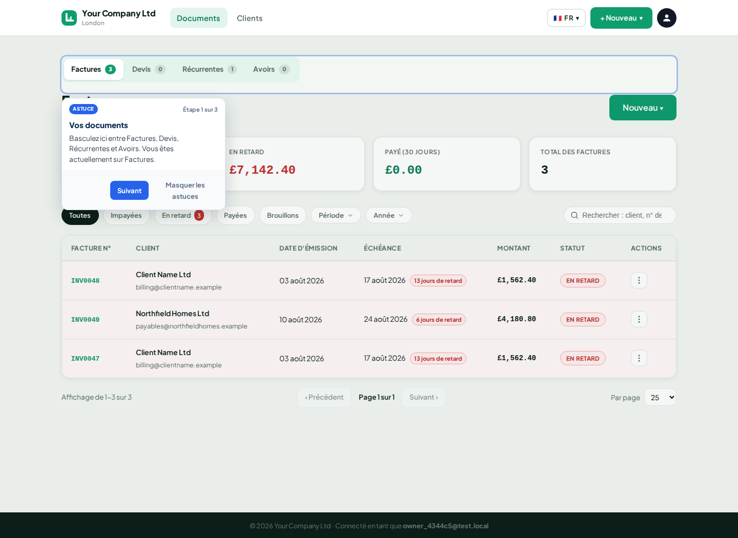 Tableau de bord des factures LingvaBill avec les enregistrements de Client Name Ltd