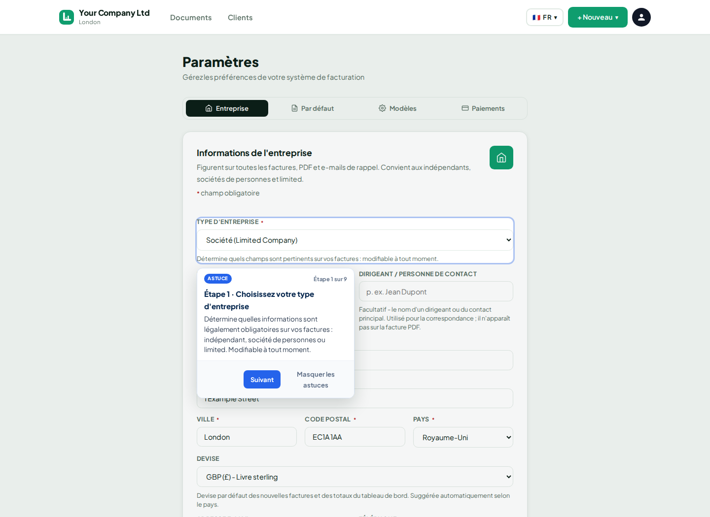 Paramètres de facture LingvaBill pour Your Company Ltd