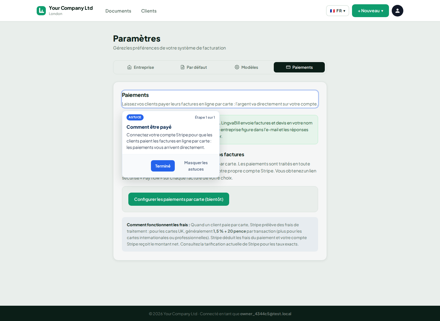 Paramètres de paiement par carte LingvaBill