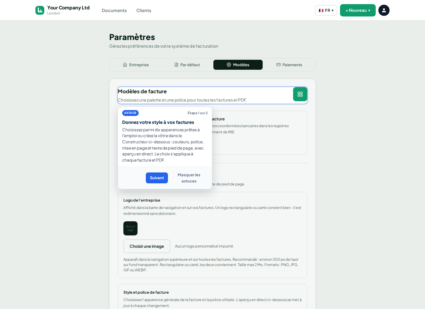 Paramètres de modèle de facture LingvaBill