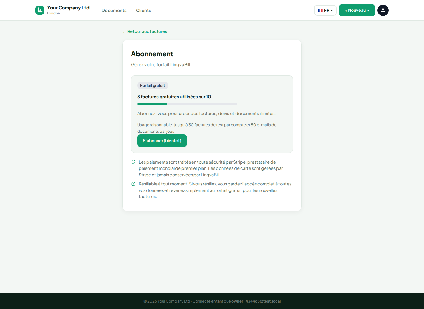 Page d'abonnement LingvaBill