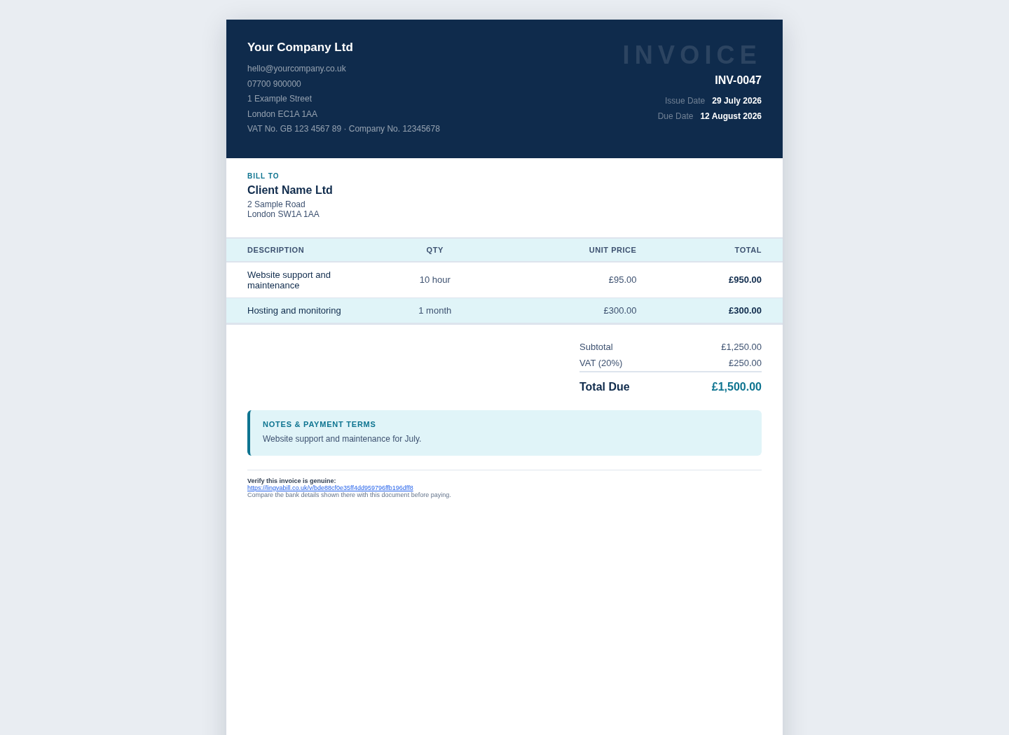 LingvaBill invoice showing Your Company Ltd and Client Name Ltd