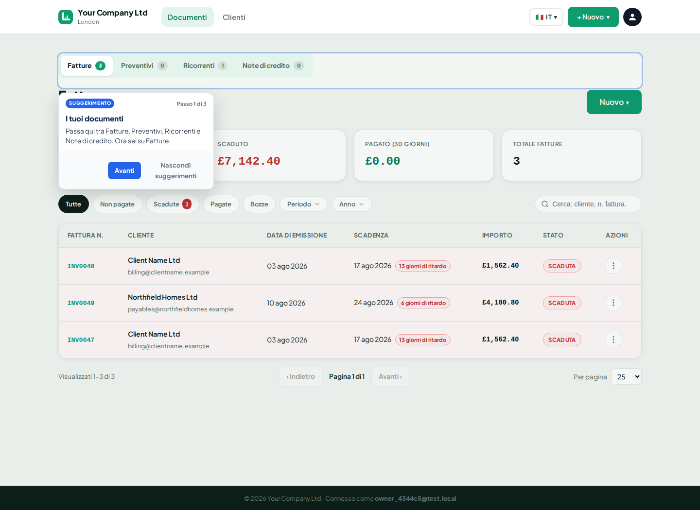 Pannello fatture di LingvaBill con i record di Client Name Ltd