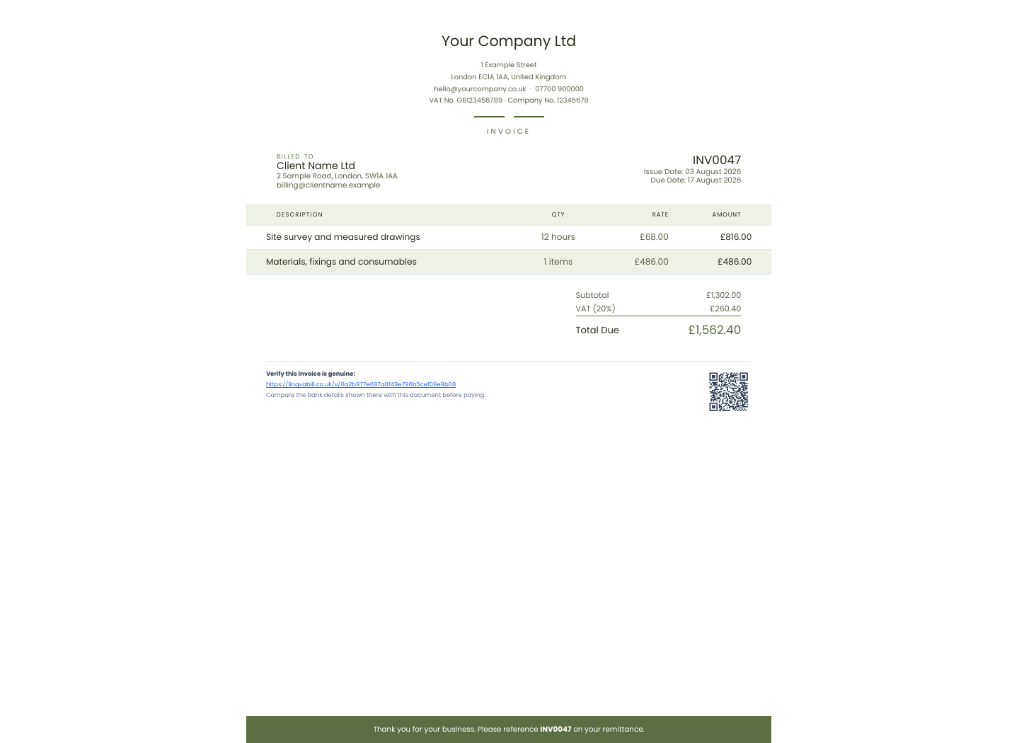 Fattura LingvaBill con Your Company Ltd e Client Name Ltd