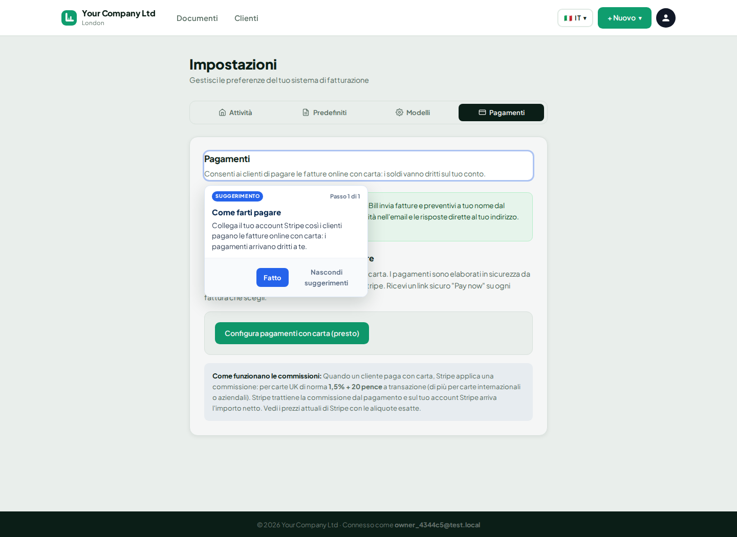 Impostazioni pagamento con carta di LingvaBill