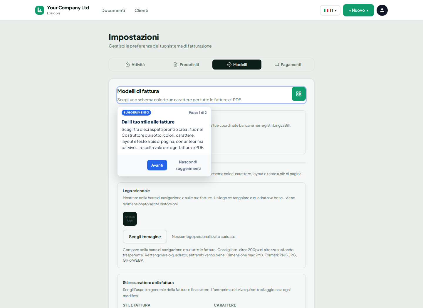 Impostazioni modello fattura di LingvaBill
