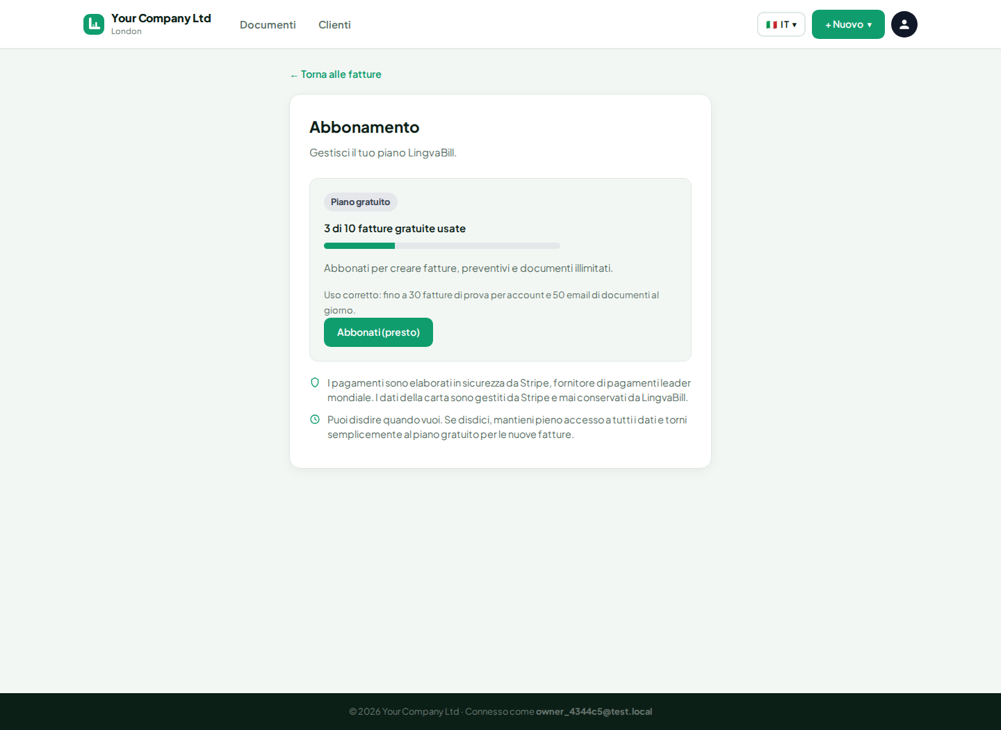 Pagina abbonamento di LingvaBill