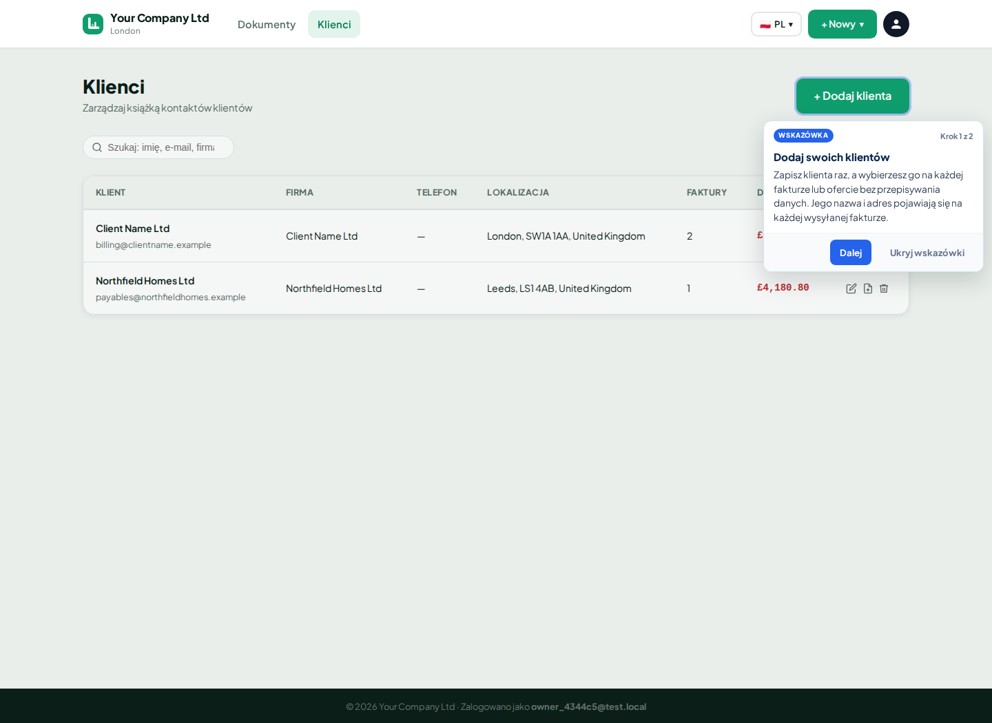 Lista klientów LingvaBill z Client Name Ltd