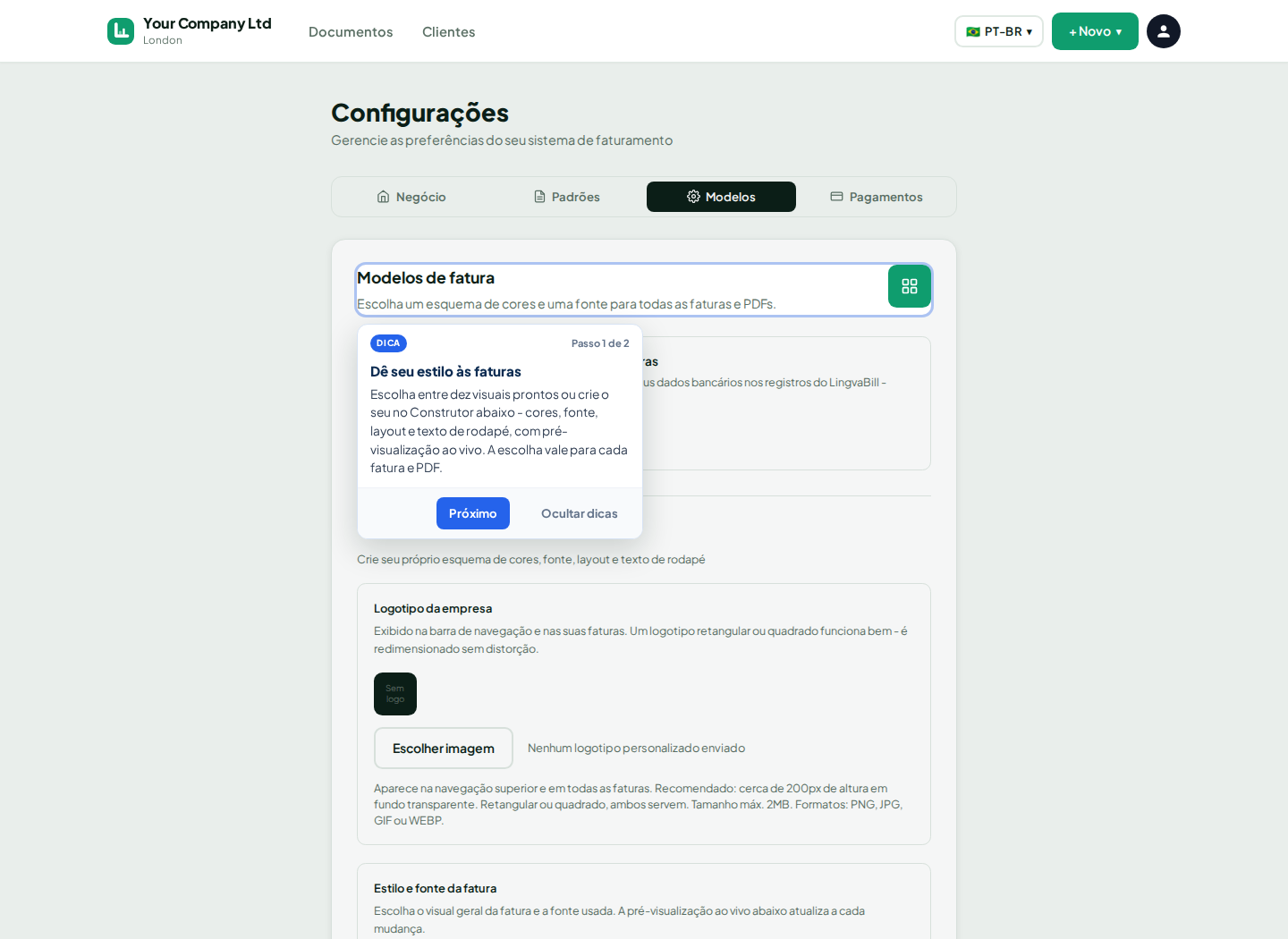 Configurações de modelo de fatura do LingvaBill