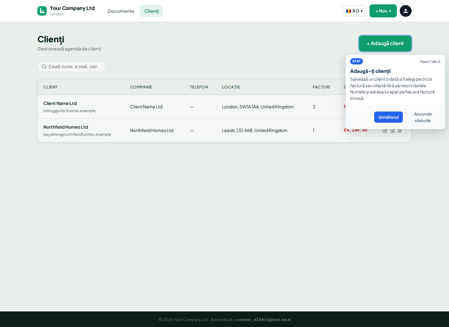 Lista de clienți LingvaBill cu Client Name Ltd