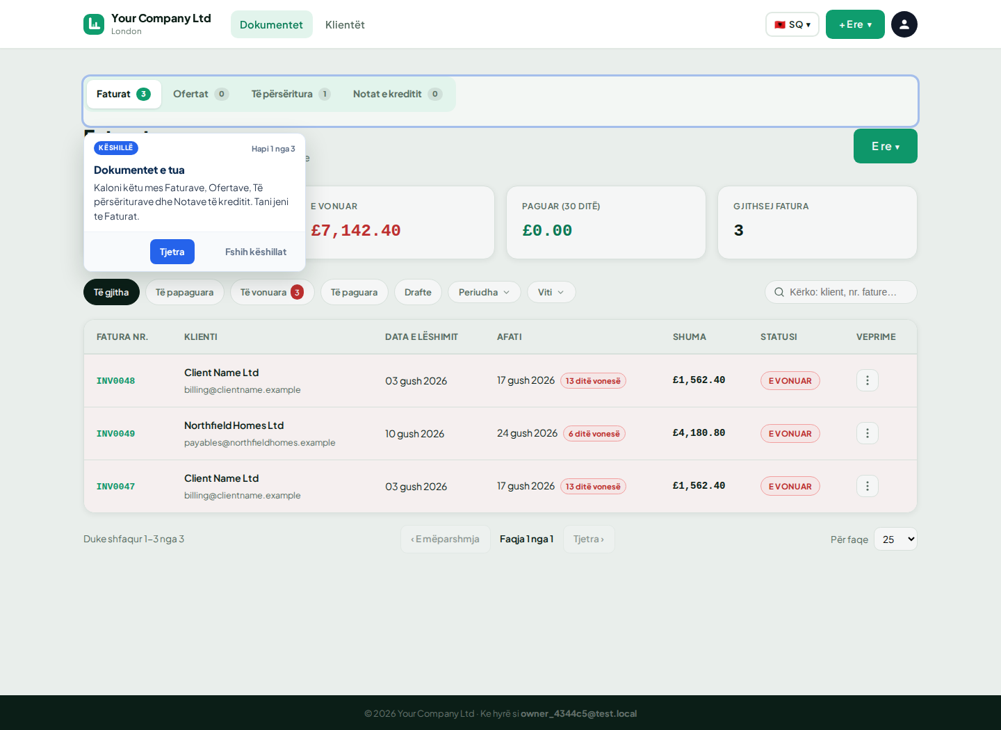 Paneli i faturave LingvaBill me regjistrimet e Client Name Ltd