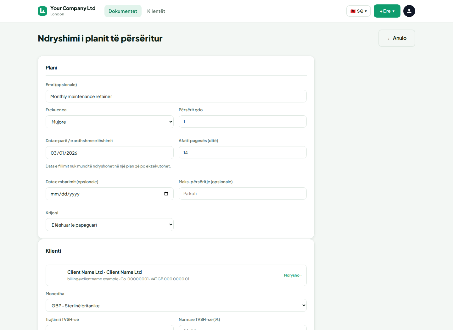 Paneli i faturave LingvaBill me regjistrimet e Client Name Ltd