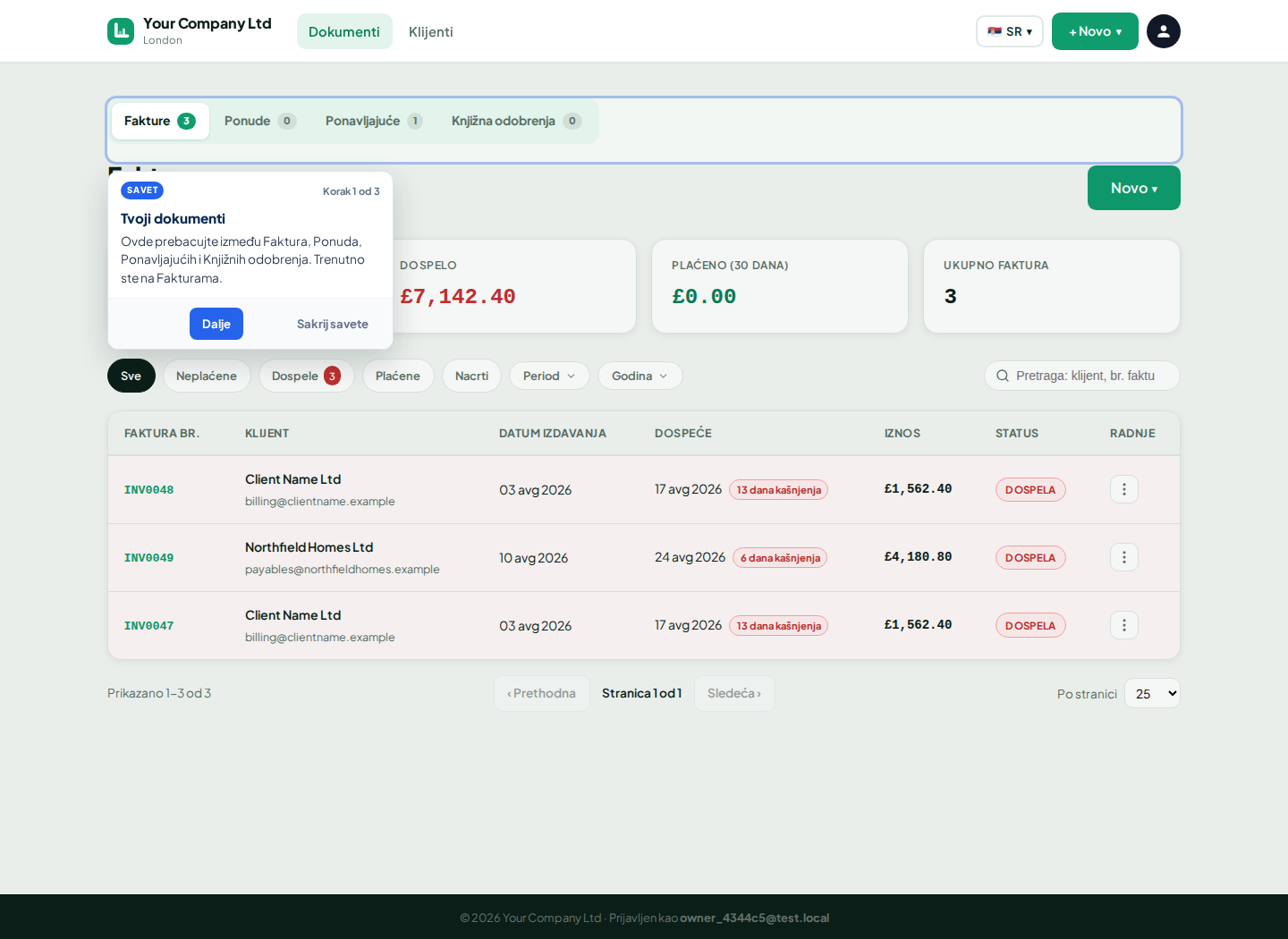 LingvaBill kontrolna tabla faktura sa zapisima Client Name Ltd