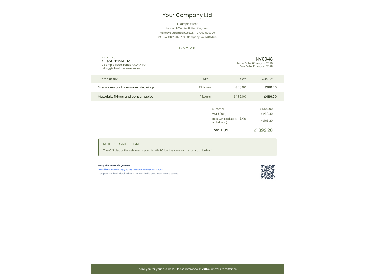 Your Company Ltd ve Client Name Ltd bilgilerini içeren LingvaBill faturası